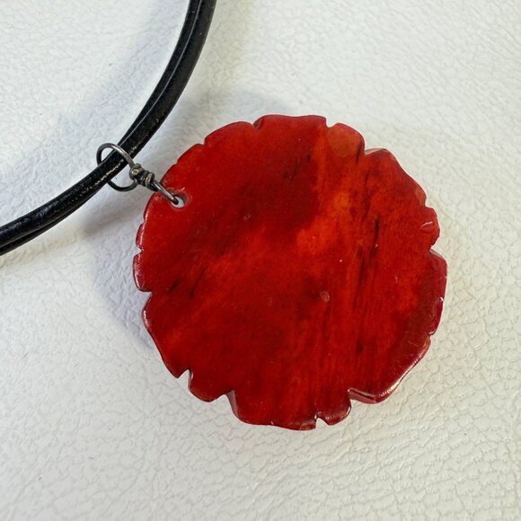 Carved Rose Necklace Leather Cord Srerling Silver Clasp Floral Minimal Dainty - Picture 5 of 8